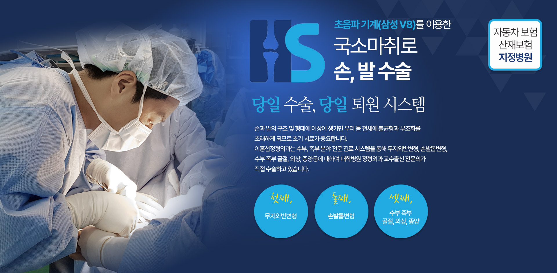 초음파 기계(삼성 V8)를 이용한 국소마취로 손, 발 수술, 당일 수술, 당일 퇴원 시스템